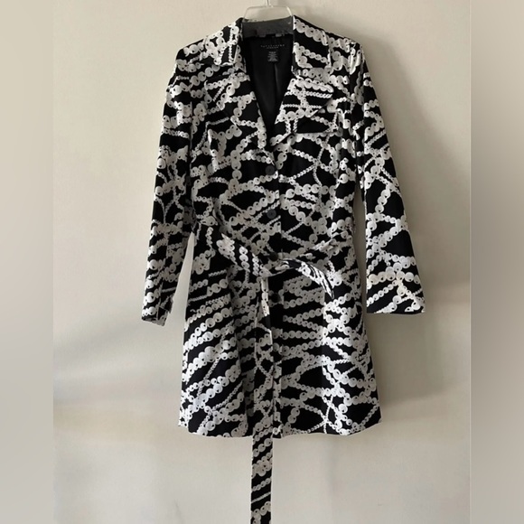 Women Midi Belted Black and White Trench Coat Jacket Blazer - Picture 13 of 14
